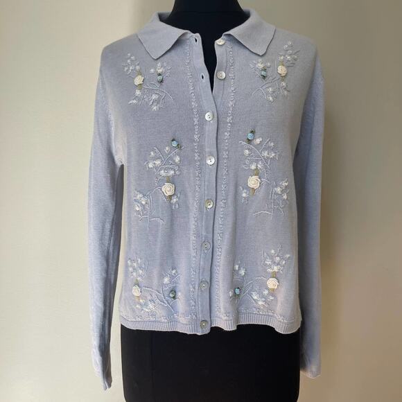 Vintage Stephanie Andrews Blue White Embroidered Cottagecore Cardigan Size Large - Picture 2 of 12